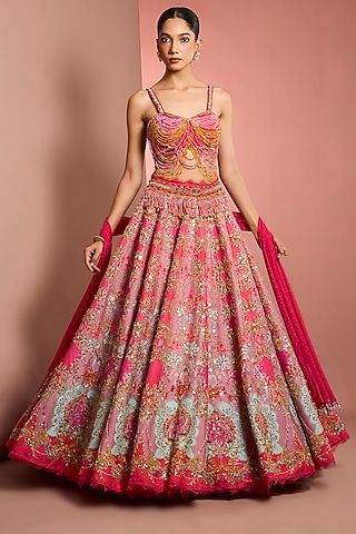 Pink Viscose Raw Silk Floral Printed & Mirror Embroidered Lehenga Set by Neha Khullar