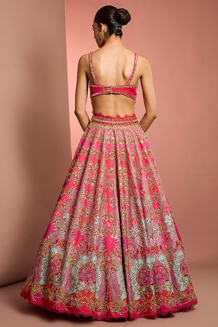 Pink Viscose Raw Silk Floral Printed & Mirror Embroidered Bridal Lehenga Set by Neha Khullar at Pernia's Pop Up Shop