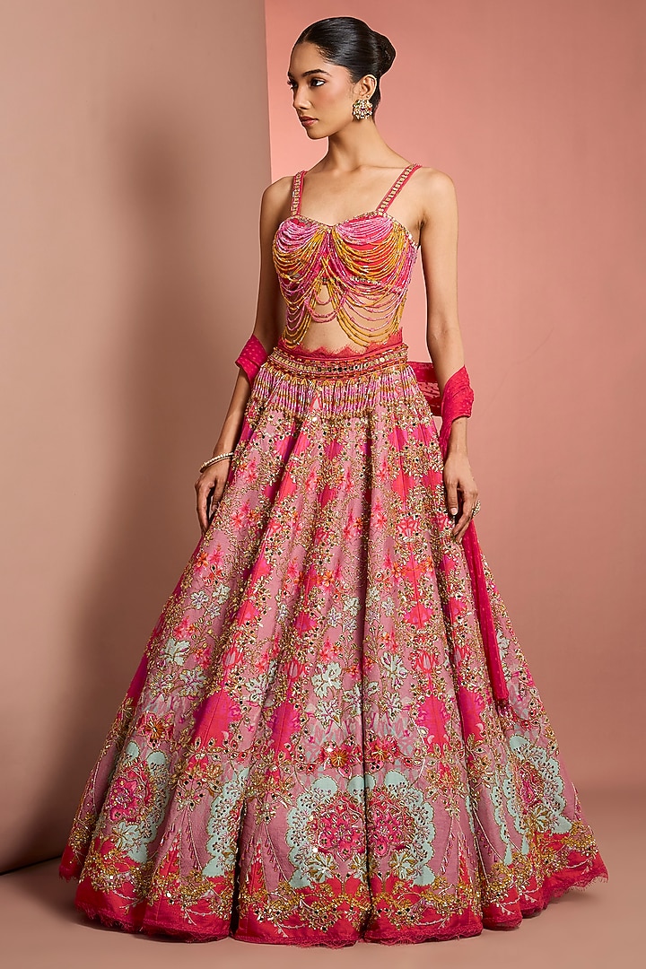 Pink Viscose Raw Silk Floral Printed & Mirror Embroidered Bridal Lehenga Set by Neha Khullar at Pernia's Pop Up Shop