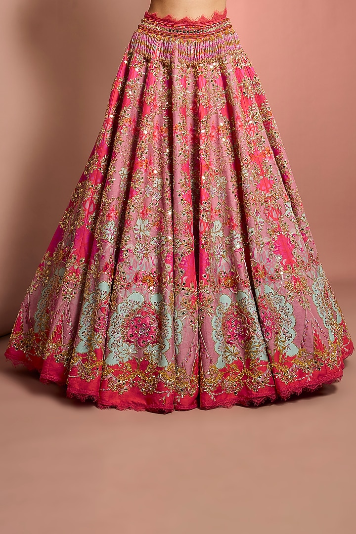 Pink Viscose Raw Silk Floral Printed & Mirror Embroidered Bridal Lehenga Set by Neha Khullar at Pernia's Pop Up Shop
