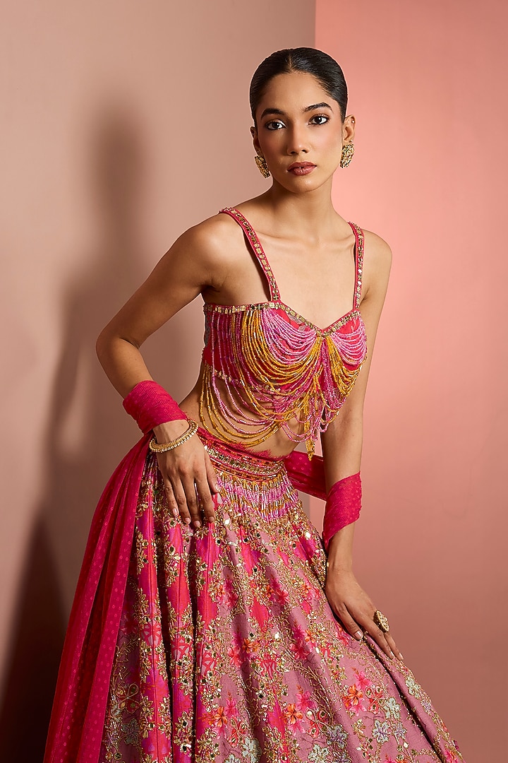 Pink Viscose Raw Silk Floral Printed & Mirror Embroidered Bridal Lehenga Set by Neha Khullar at Pernia's Pop Up Shop