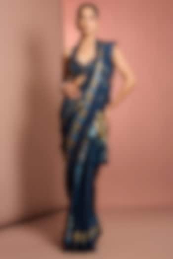 Blue Viscose Chiffon Floral Printed & Embroidered Wedding Saree Set by Neha Khullar at Pernia's Pop Up Shop