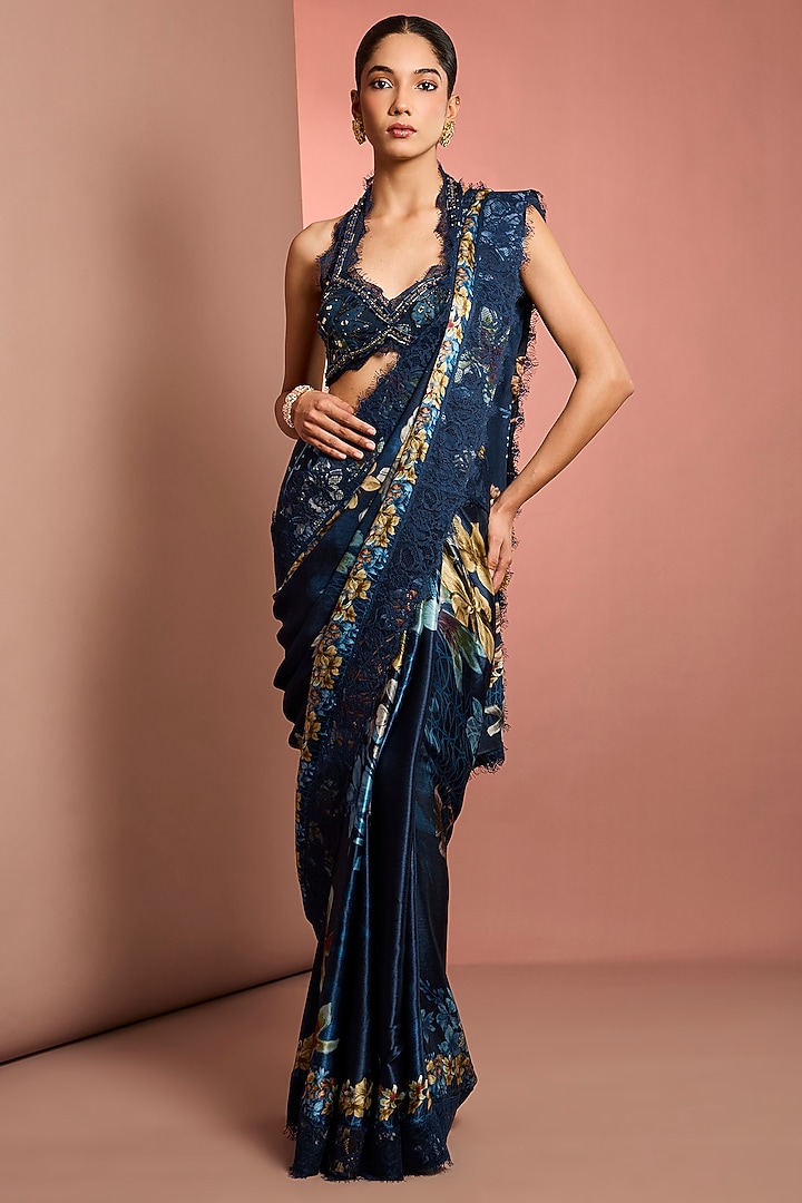 Blue Viscose Chiffon Floral Printed & Embroidered Wedding Saree Set by Neha Khullar at Pernia's Pop Up Shop