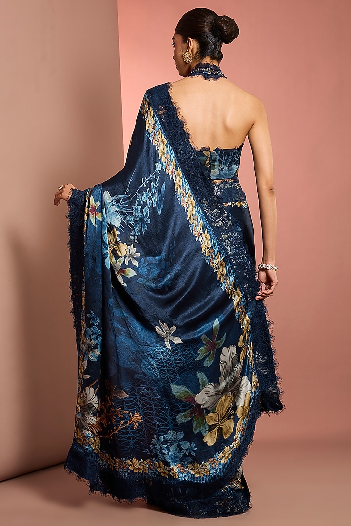 Blue Viscose Chiffon Floral Printed & Embroidered Wedding Saree Set by Neha Khullar at Pernia's Pop Up Shop
