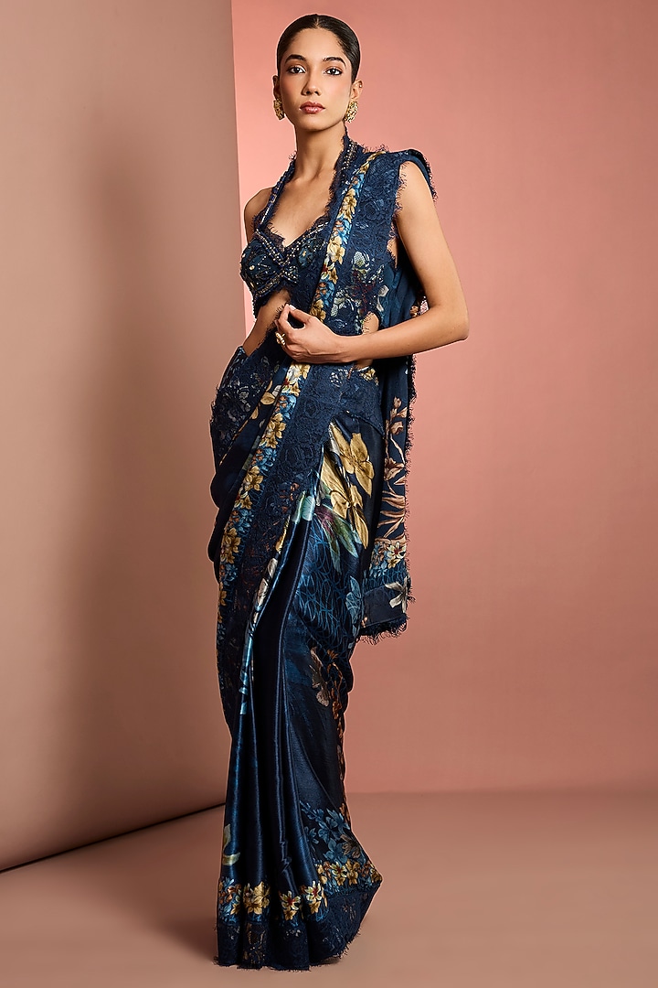 Blue Viscose Chiffon Floral Printed & Embroidered Wedding Saree Set by Neha Khullar at Pernia's Pop Up Shop