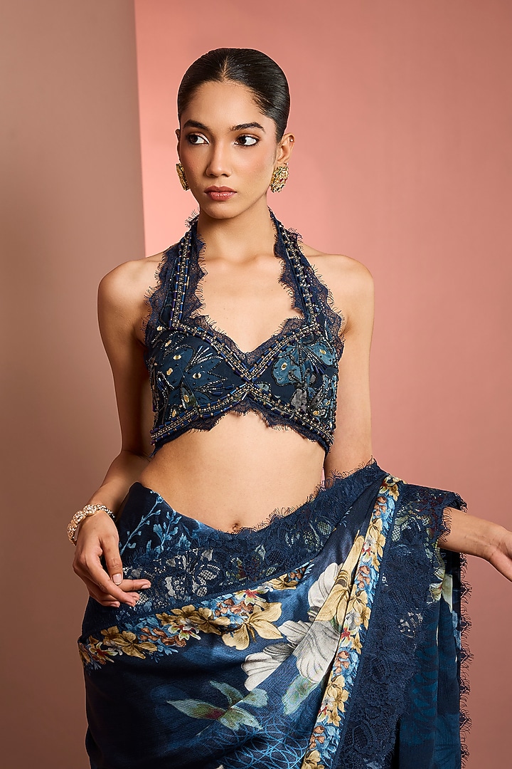 Blue Viscose Chiffon Floral Printed & Embroidered Wedding Saree Set by Neha Khullar at Pernia's Pop Up Shop