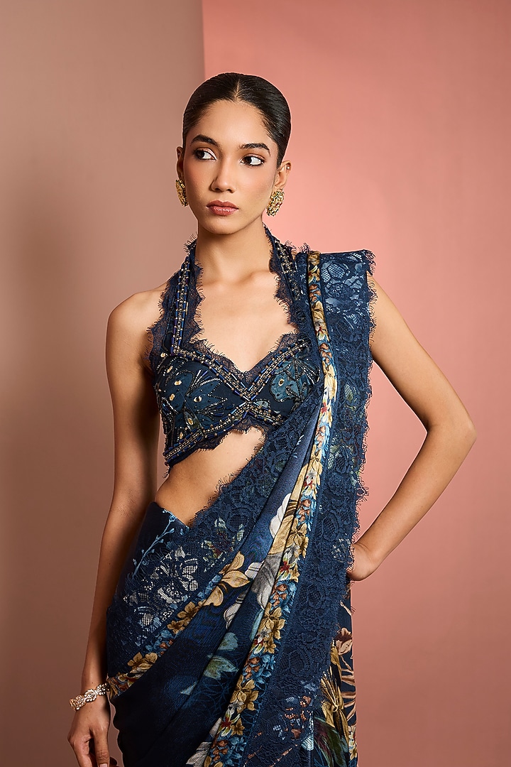 Blue Viscose Chiffon Floral Printed & Embroidered Wedding Saree Set by Neha Khullar at Pernia's Pop Up Shop