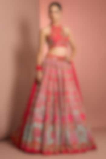 Pink Viscose Raw Silk Floral Printed & Mirror Embroidered Bridal Lehenga Set by Neha Khullar at Pernia's Pop Up Shop