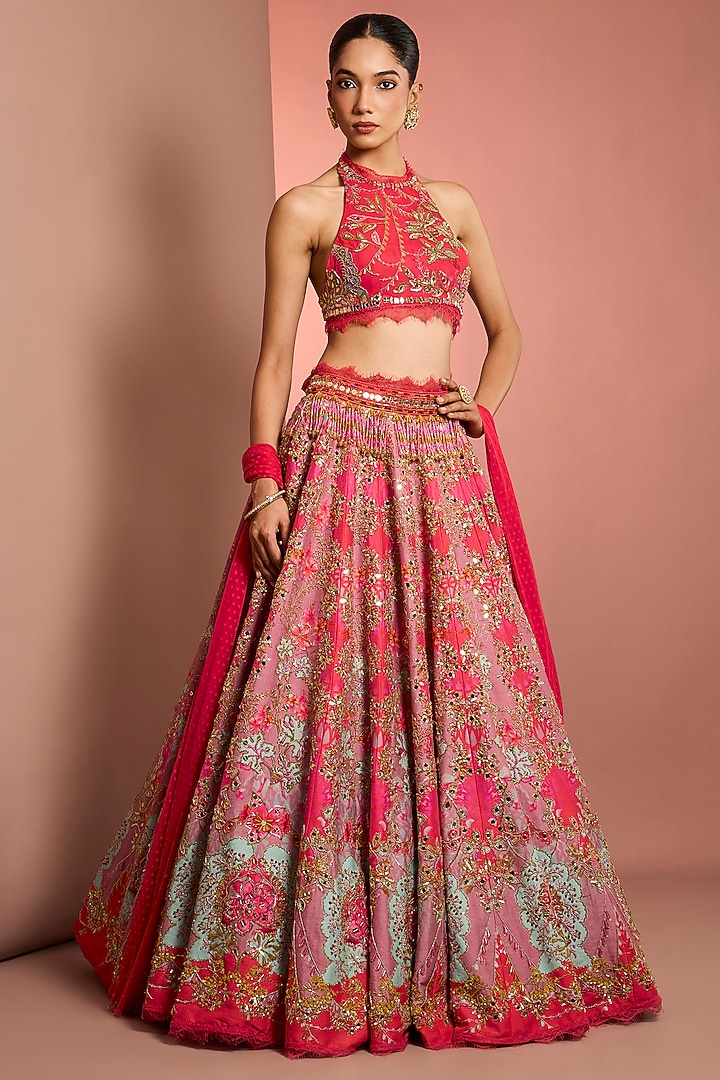 Pink Viscose Raw Silk Floral Printed & Mirror Embroidered Bridal Lehenga Set by Neha Khullar at Pernia's Pop Up Shop