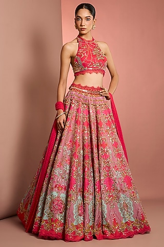 Pink Viscose Raw Silk Floral Printed & Mirror Embroidered Lehenga Set by Neha Khullar
