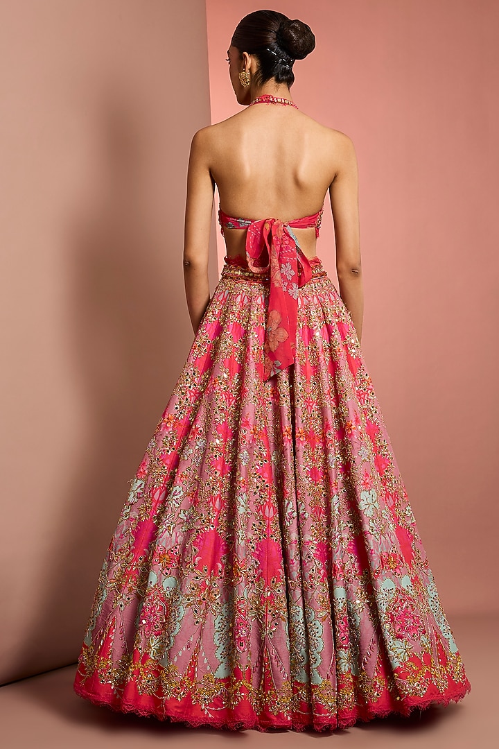 Pink Viscose Raw Silk Floral Printed & Mirror Embroidered Bridal Lehenga Set by Neha Khullar at Pernia's Pop Up Shop