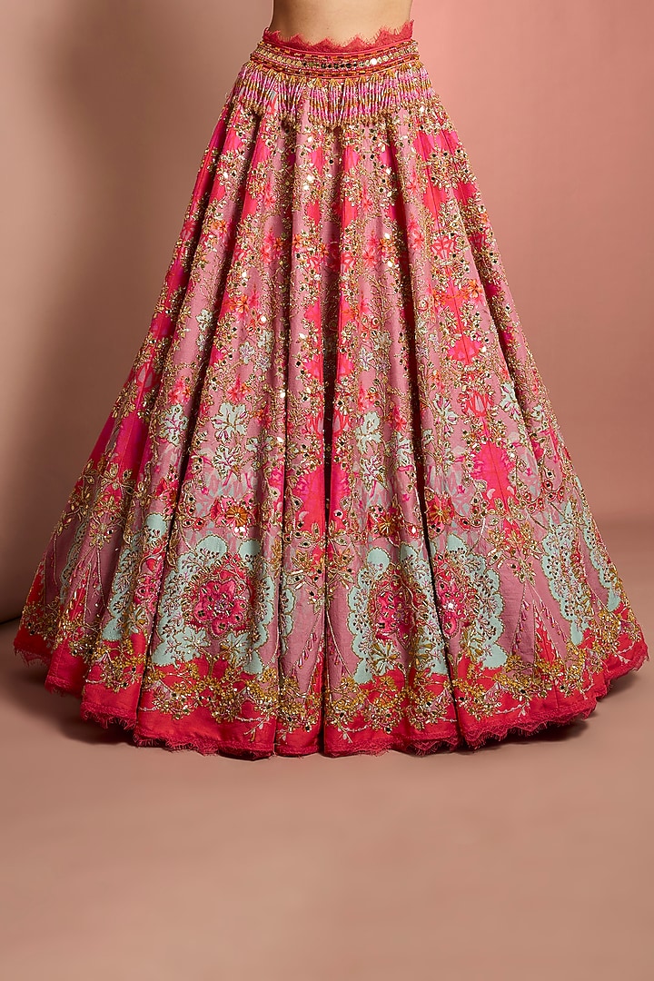 Pink Viscose Raw Silk Floral Printed & Mirror Embroidered Bridal Lehenga Set by Neha Khullar at Pernia's Pop Up Shop