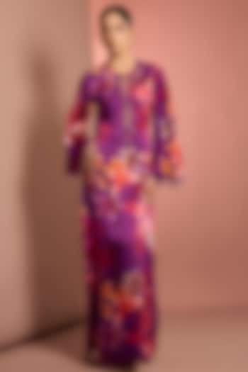 Purple Silk Floral Printed & Mirror Embroidered Kaftan by Neha Khullar at Pernia's Pop Up Shop