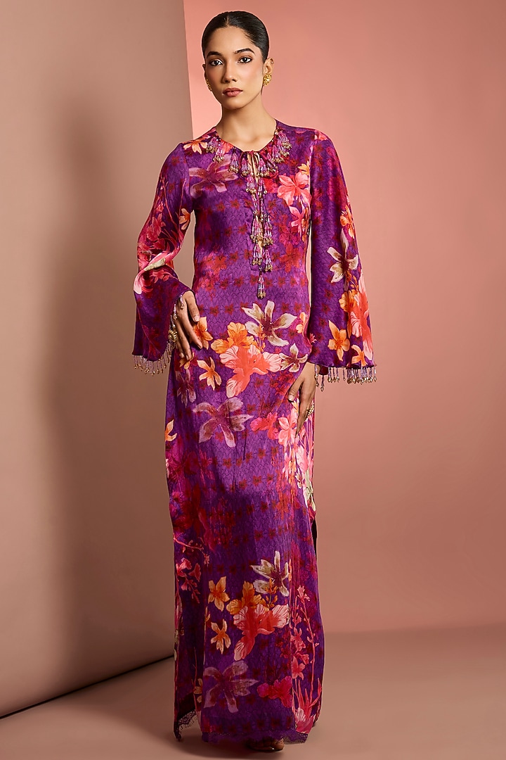 Purple Silk Floral Printed & Mirror Embroidered Kaftan by Neha Khullar at Pernia's Pop Up Shop