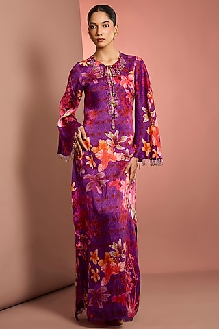 Purple Silk Floral Printed & Mirror Embroidered Kaftan by Neha Khullar