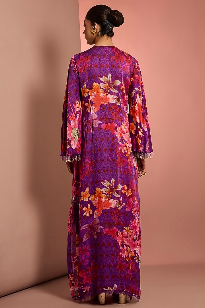 Purple Silk Floral Printed & Mirror Embroidered Kaftan by Neha Khullar at Pernia's Pop Up Shop