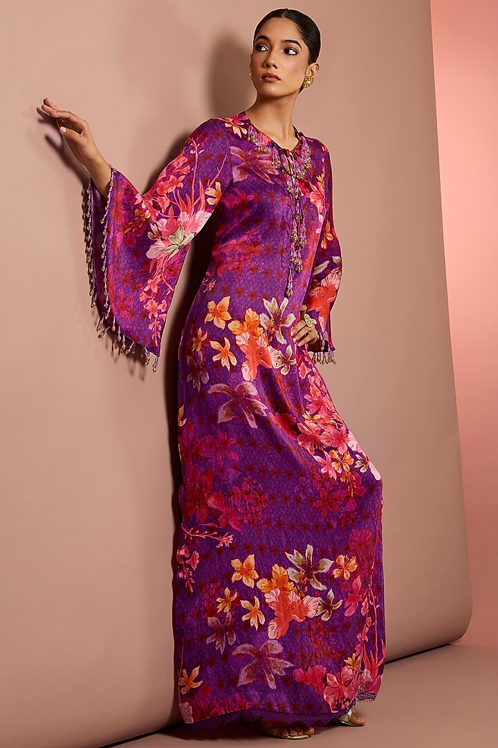Purple Silk Floral Printed & Mirror Embroidered Kaftan by Neha Khullar at Pernia's Pop Up Shop