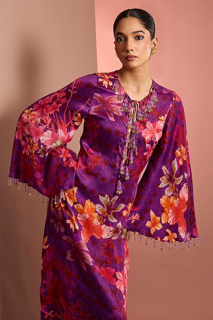 Purple Silk Floral Printed & Mirror Embroidered Kaftan by Neha Khullar at Pernia's Pop Up Shop