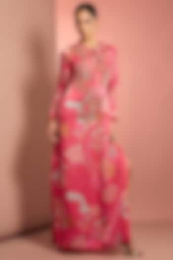 Hot Pink Silk Floral Printed & Mirror Embroidered Kaftan by Neha Khullar at Pernia's Pop Up Shop