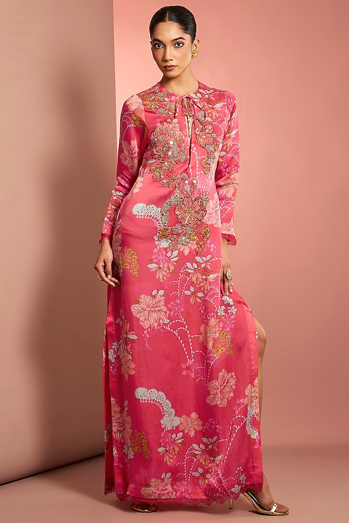 Hot Pink Silk Floral Printed & Mirror Embroidered Kaftan by Neha Khullar at Pernia's Pop Up Shop