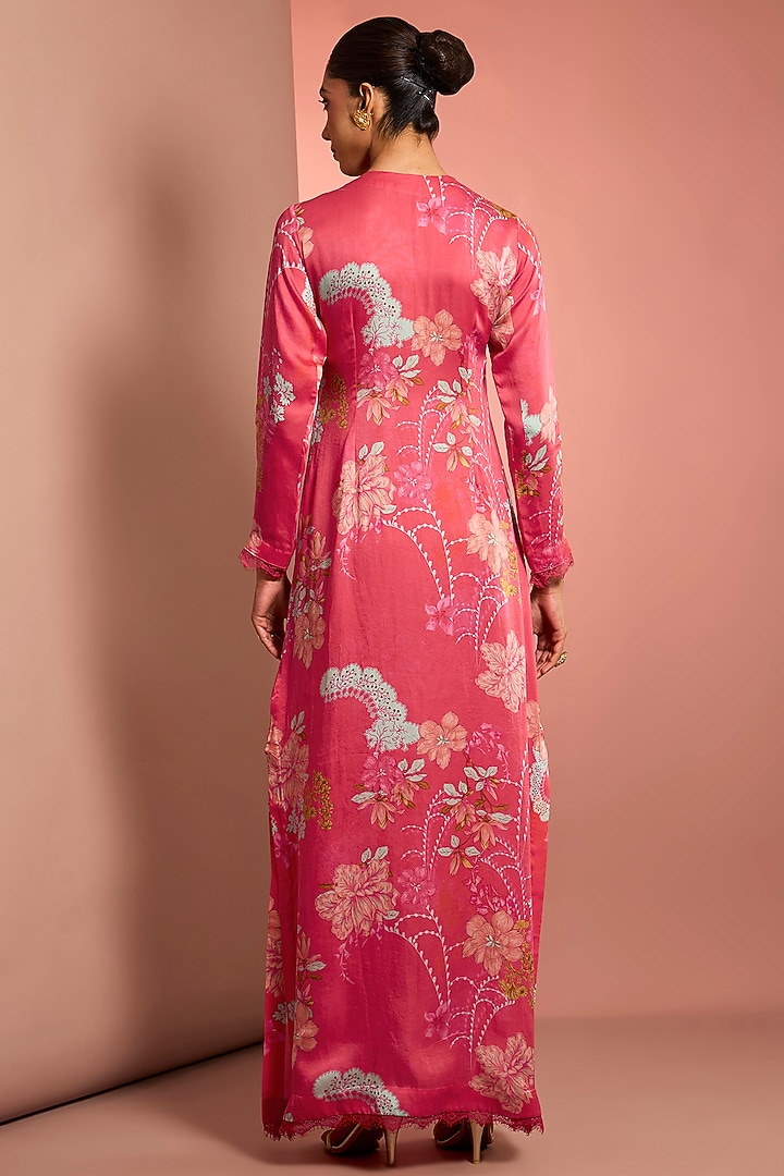 Hot Pink Silk Floral Printed & Mirror Embroidered Kaftan by Neha Khullar at Pernia's Pop Up Shop