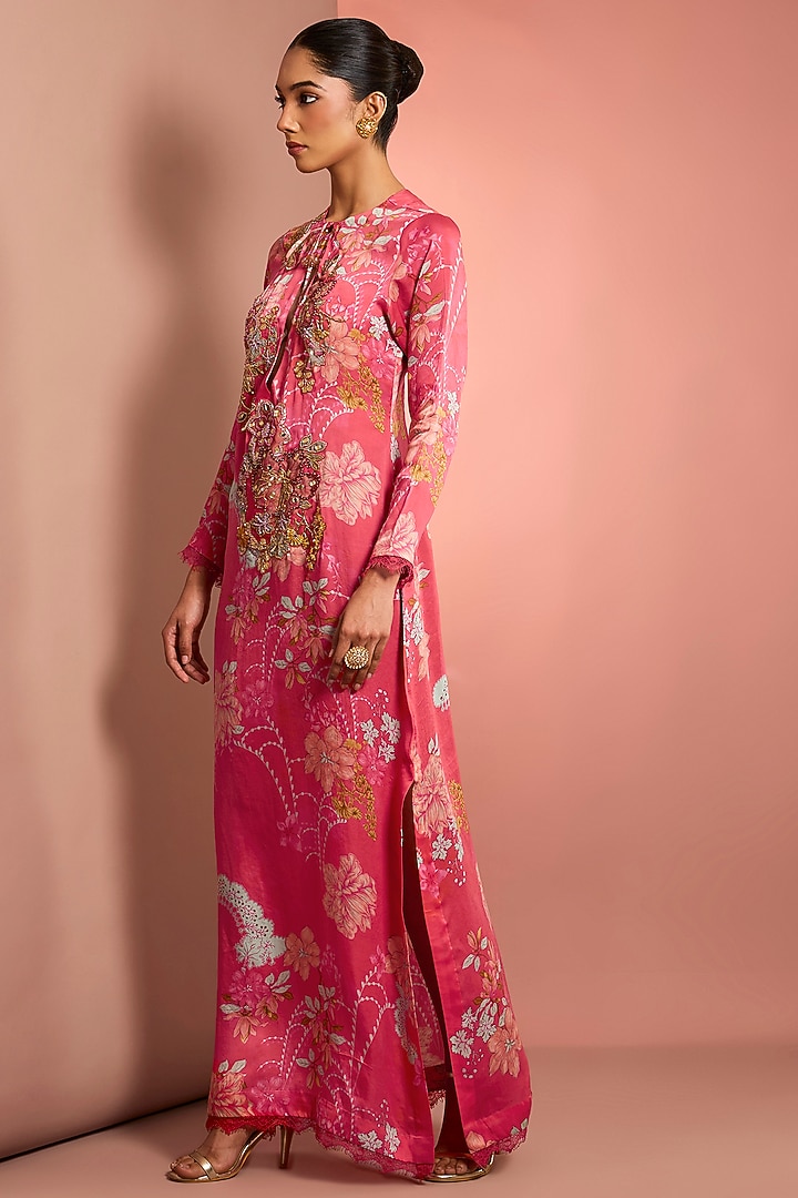 Hot Pink Silk Floral Printed & Mirror Embroidered Kaftan by Neha Khullar at Pernia's Pop Up Shop