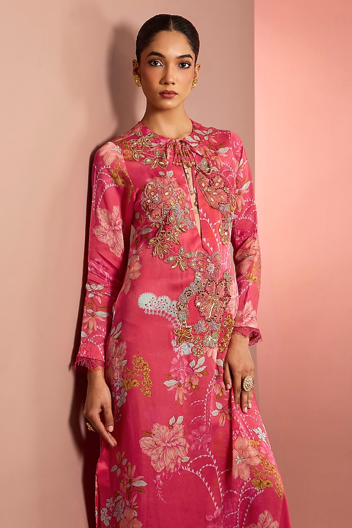 Hot Pink Silk Floral Printed & Mirror Embroidered Kaftan by Neha Khullar at Pernia's Pop Up Shop