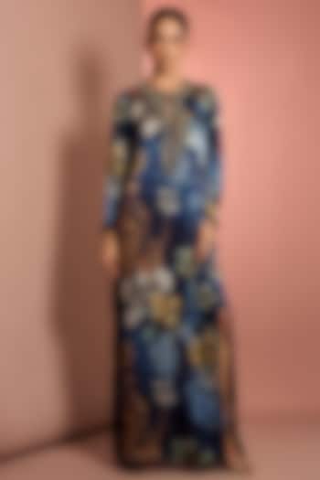 Blue Silk Floral Printed & Mirror Embroidered Kaftan by Neha Khullar at Pernia's Pop Up Shop