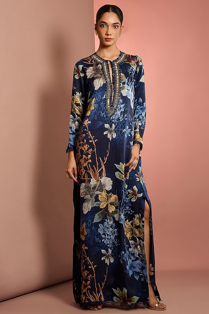 Blue Silk Floral Printed & Mirror Embroidered Kaftan by Neha Khullar at Pernia's Pop Up Shop