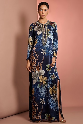 Blue Silk Floral Printed & Mirror Embroidered Kaftan by Neha Khullar