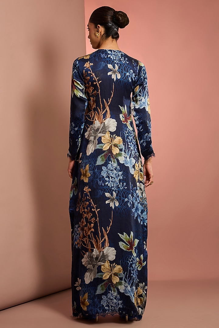 Blue Silk Floral Printed & Mirror Embroidered Kaftan by Neha Khullar at Pernia's Pop Up Shop