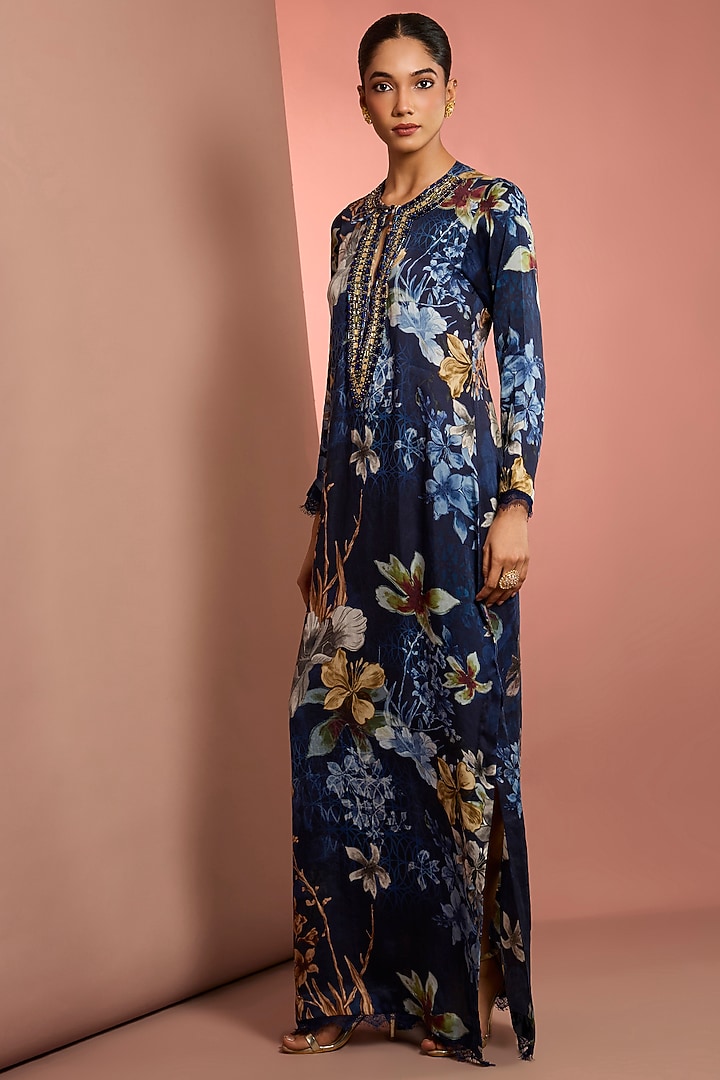 Blue Silk Floral Printed & Mirror Embroidered Kaftan by Neha Khullar at Pernia's Pop Up Shop