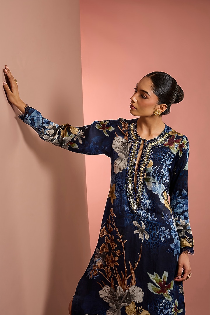 Blue Silk Floral Printed & Mirror Embroidered Kaftan by Neha Khullar at Pernia's Pop Up Shop