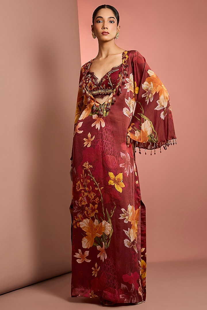 Red Silk Floral Printed & Mirror Embroidered Kaftan by Neha Khullar at Pernia's Pop Up Shop