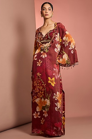 Red Silk Floral Printed & Mirror Embroidered Kaftan by Neha Khullar