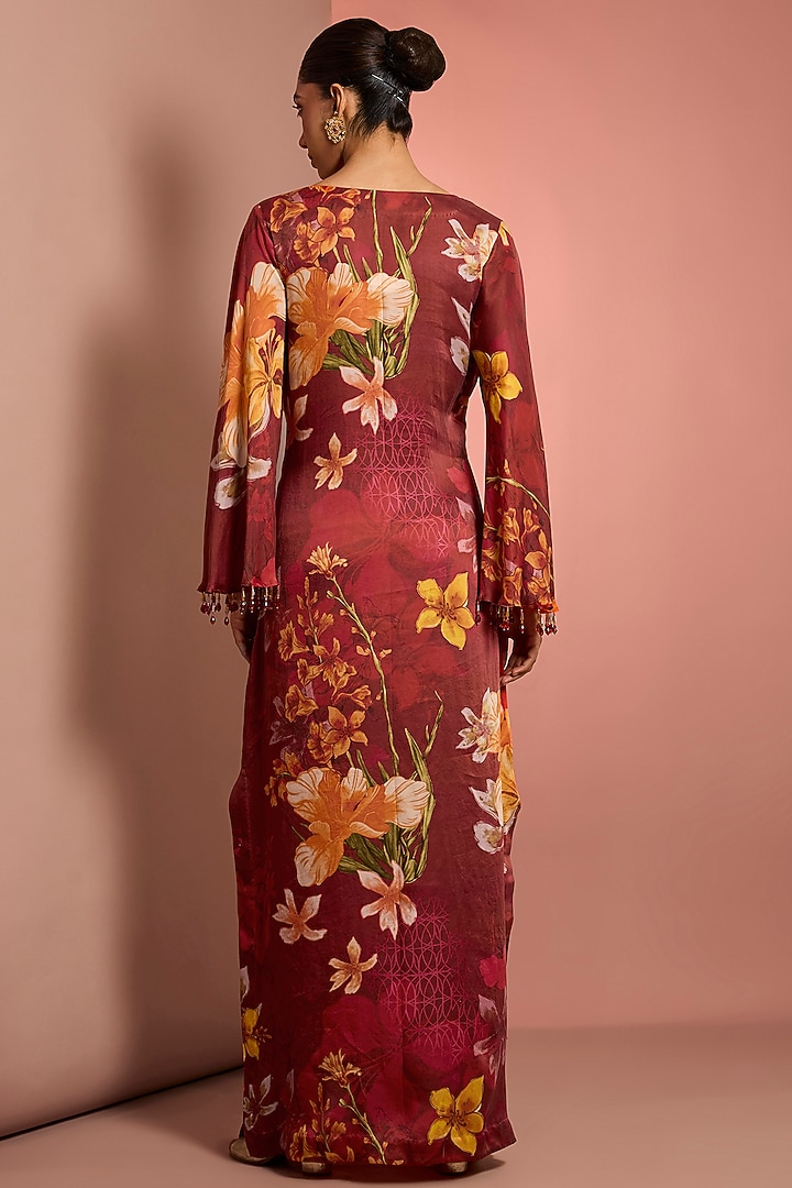 Red Silk Floral Printed & Mirror Embroidered Kaftan by Neha Khullar at Pernia's Pop Up Shop