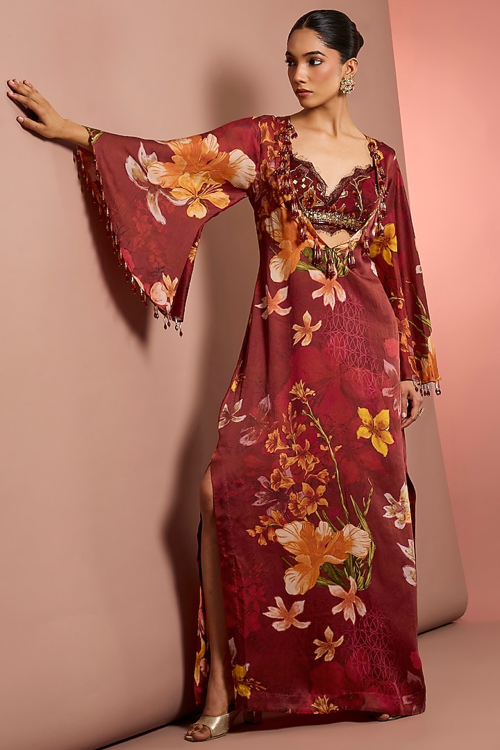 Red Silk Floral Printed & Mirror Embroidered Kaftan by Neha Khullar at Pernia's Pop Up Shop