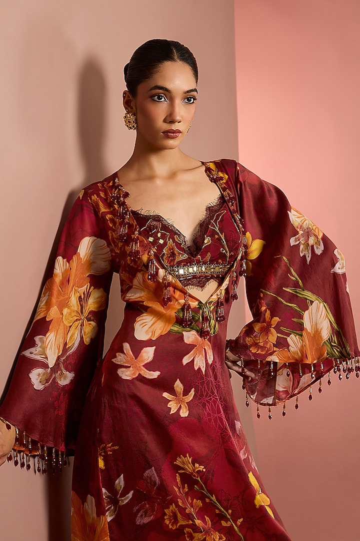 Red Silk Floral Printed & Mirror Embroidered Kaftan by Neha Khullar at Pernia's Pop Up Shop
