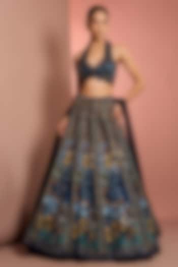 Blue Viscose Raw Silk Floral Printed & Mirror Embroidered Wedding Lehenga Set by Neha Khullar at Pernia's Pop Up Shop