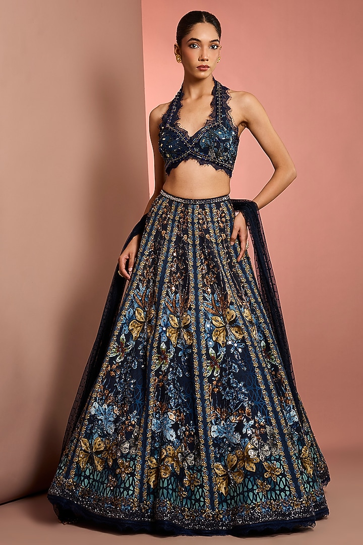 Blue Viscose Raw Silk Floral Printed & Mirror Embroidered Wedding Lehenga Set by Neha Khullar at Pernia's Pop Up Shop