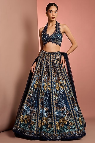 Blue Viscose Raw Silk Floral Printed & Mirror Embroidered Lehenga Set by Neha Khullar