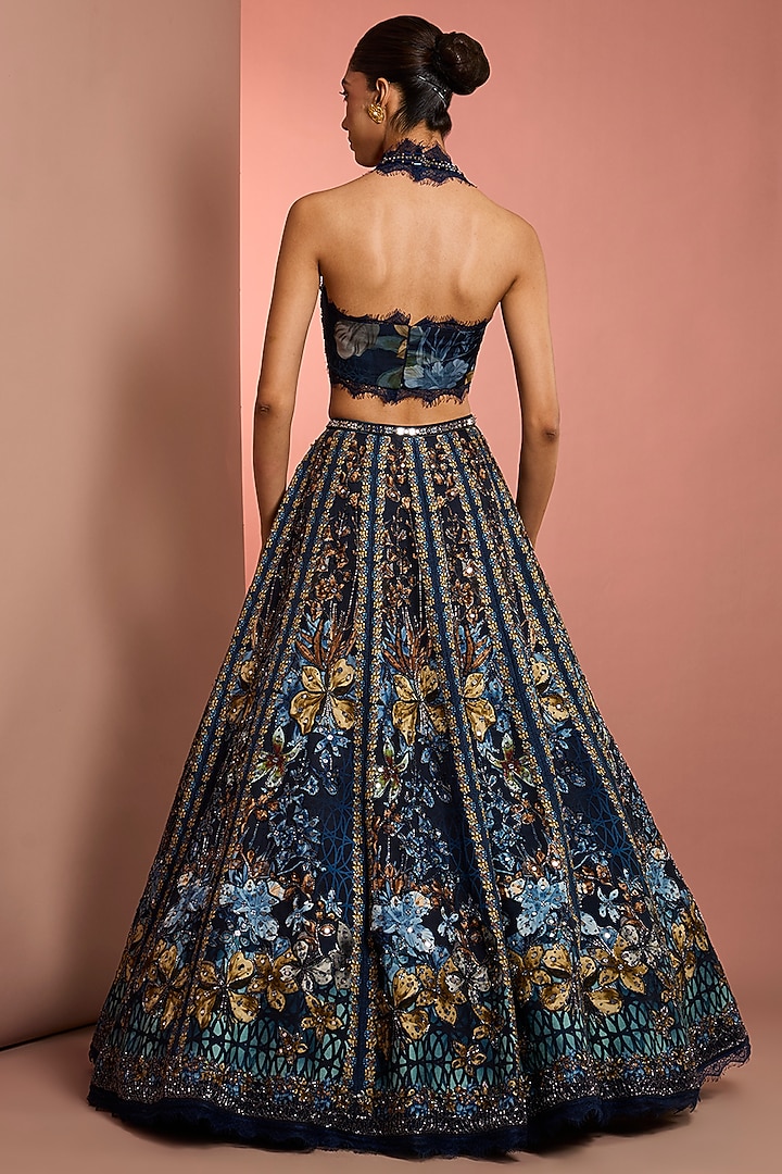 Blue Viscose Raw Silk Floral Printed & Mirror Embroidered Wedding Lehenga Set by Neha Khullar at Pernia's Pop Up Shop