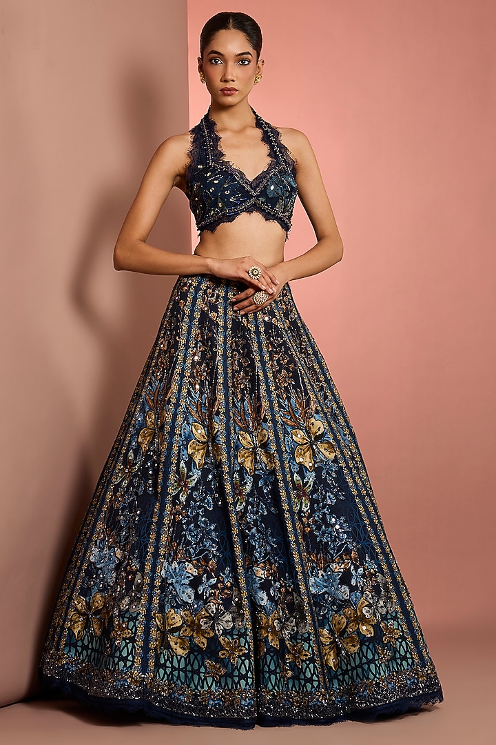 Blue Viscose Raw Silk Floral Printed & Mirror Embroidered Wedding Lehenga Set by Neha Khullar at Pernia's Pop Up Shop