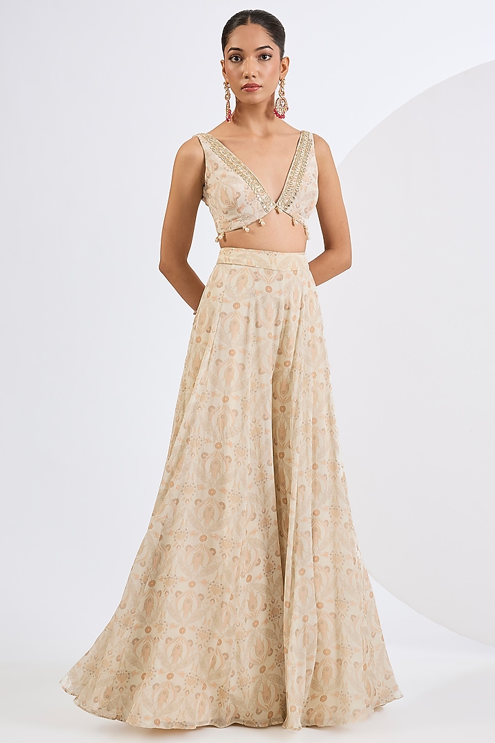 Ivory Viscose Chinon Chiffon Mosaic Printed Wedding Sharara Set by Neha khullar at Pernia's Pop Up Shop