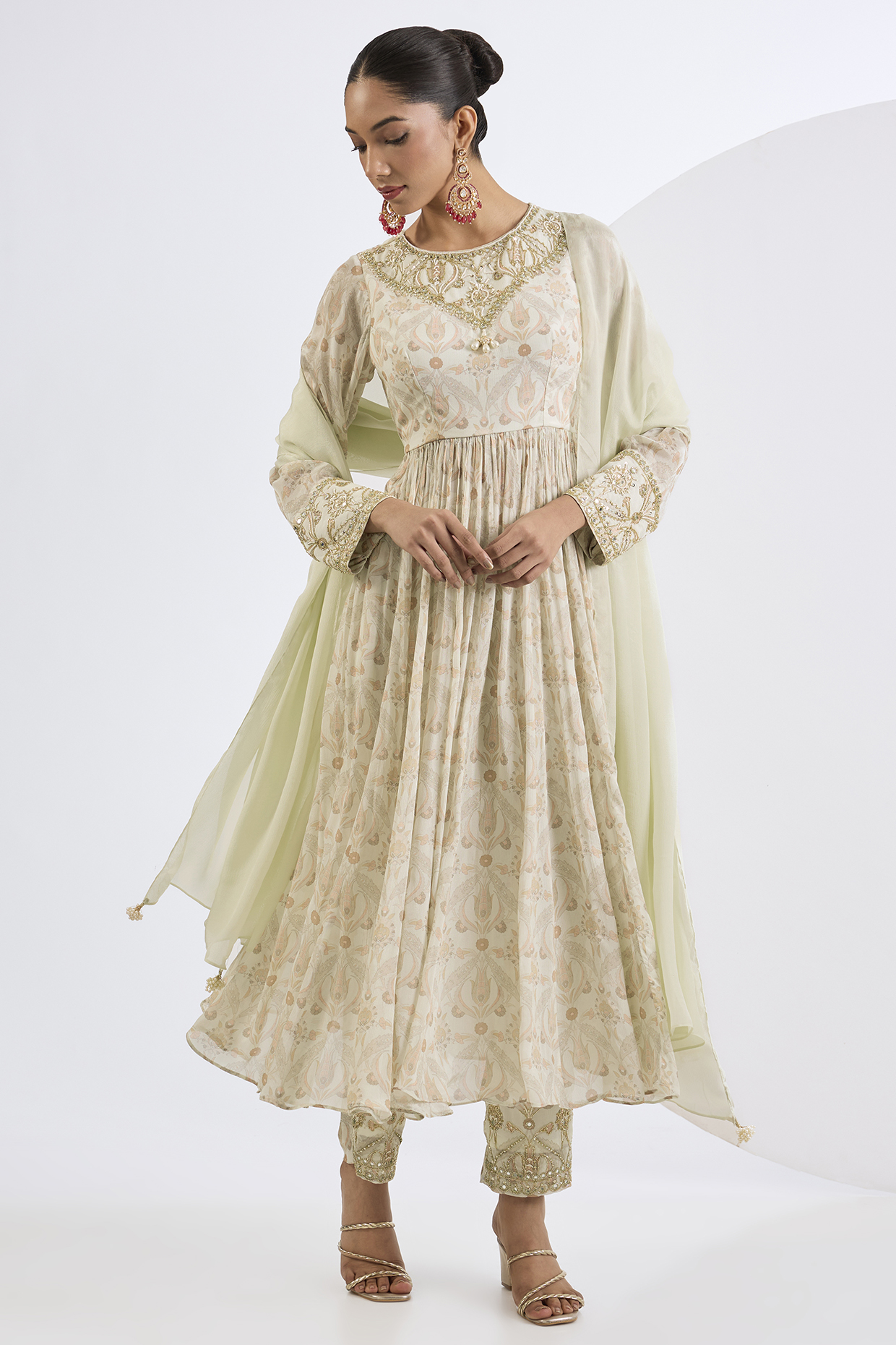 Ivory Viscose Chinon Chiffon Mosaic Printed Party Wear Anarkali Set by Neha khullar at Pernia's Pop Up Shop