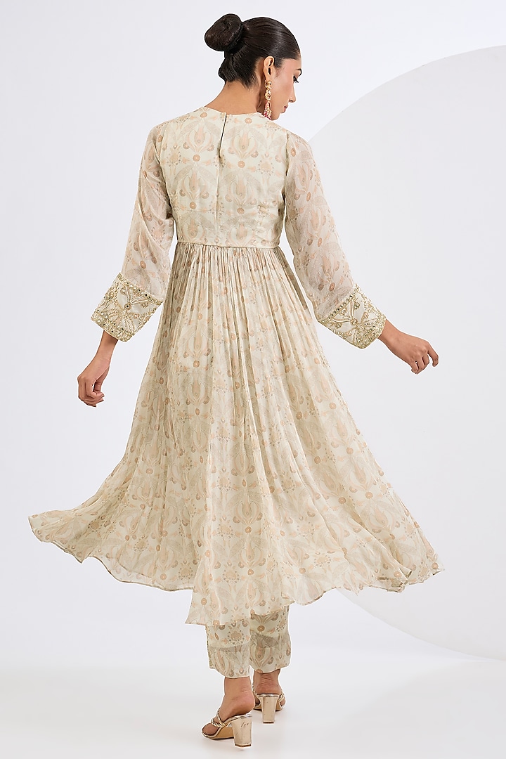 Ivory Viscose Chinon Chiffon Mosaic Printed Wedding Anarkali Set by Neha khullar at Pernia's Pop Up Shop