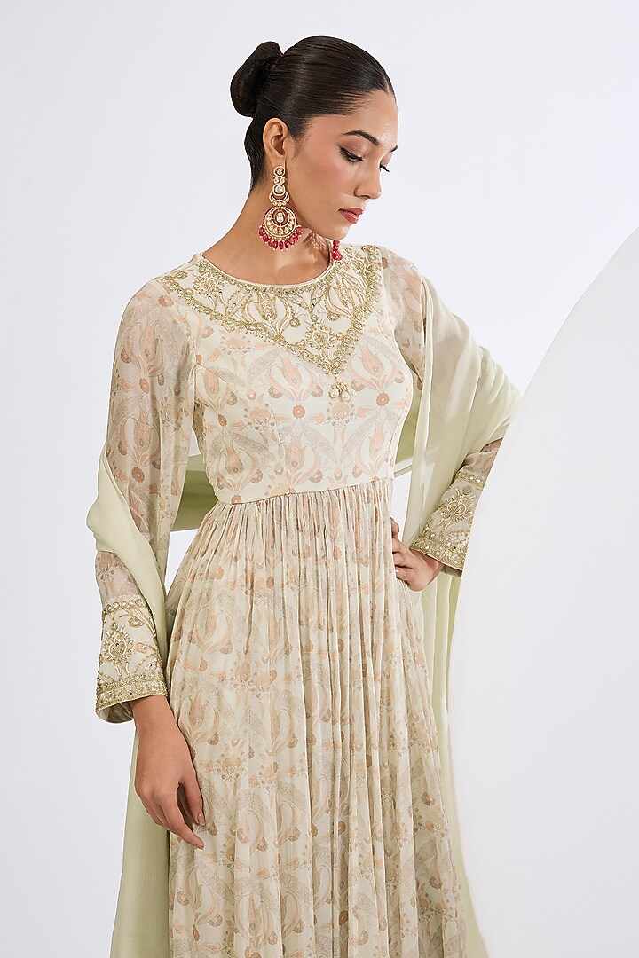 Ivory Viscose Chinon Chiffon Mosaic Printed Wedding Anarkali Set by Neha khullar at Pernia's Pop Up Shop