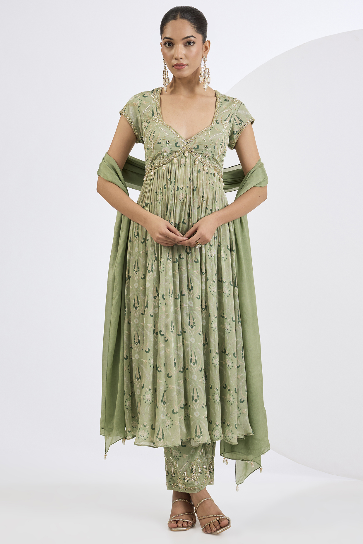 Green Viscose Chinon Mosaic Printed Party Wear Anarkali Set by Neha khullar at Pernia's Pop Up Shop