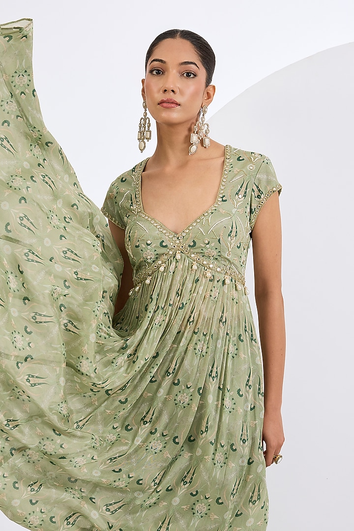 Green Viscose Chinon Mosaic Printed Wedding Anarkali Set by Neha khullar at Pernia's Pop Up Shop