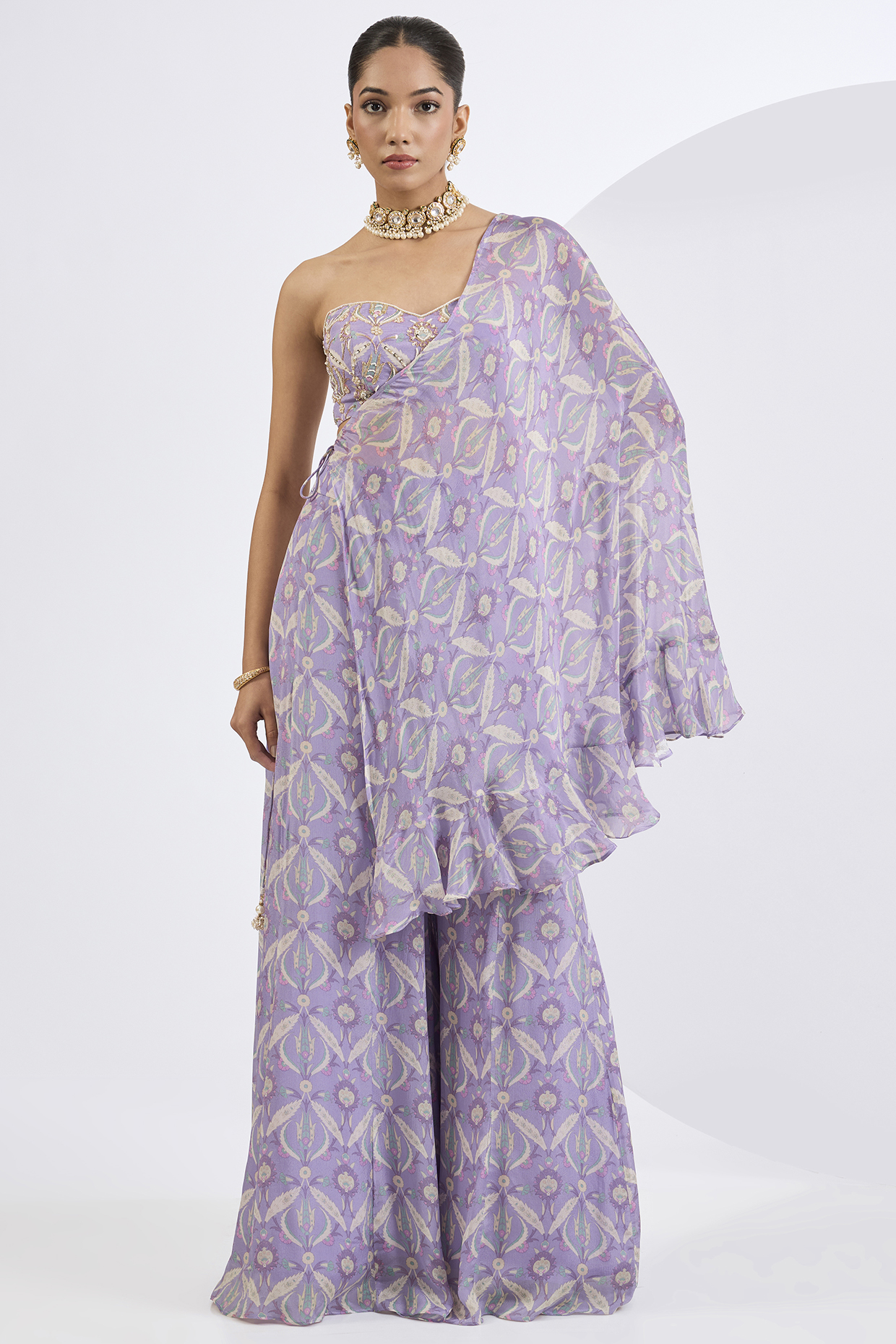 Lilac Viscose Chinon Chiffon Mosaic Printed Party Wear Sharara Set by Neha khullar at Pernia's Pop Up Shop